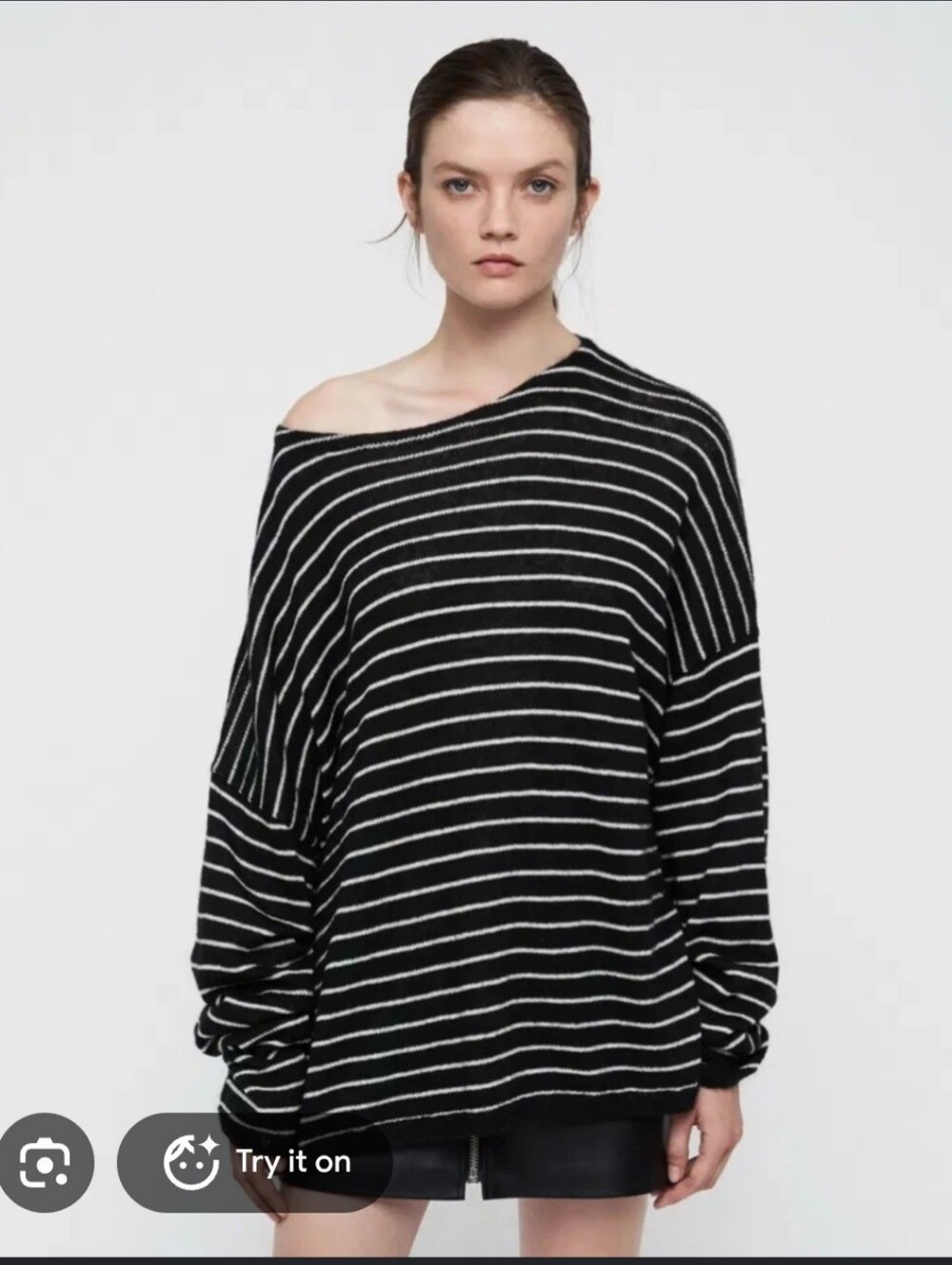 Allsaints Size Large Black & White Striped Off-Shoulder Women’s Sweater